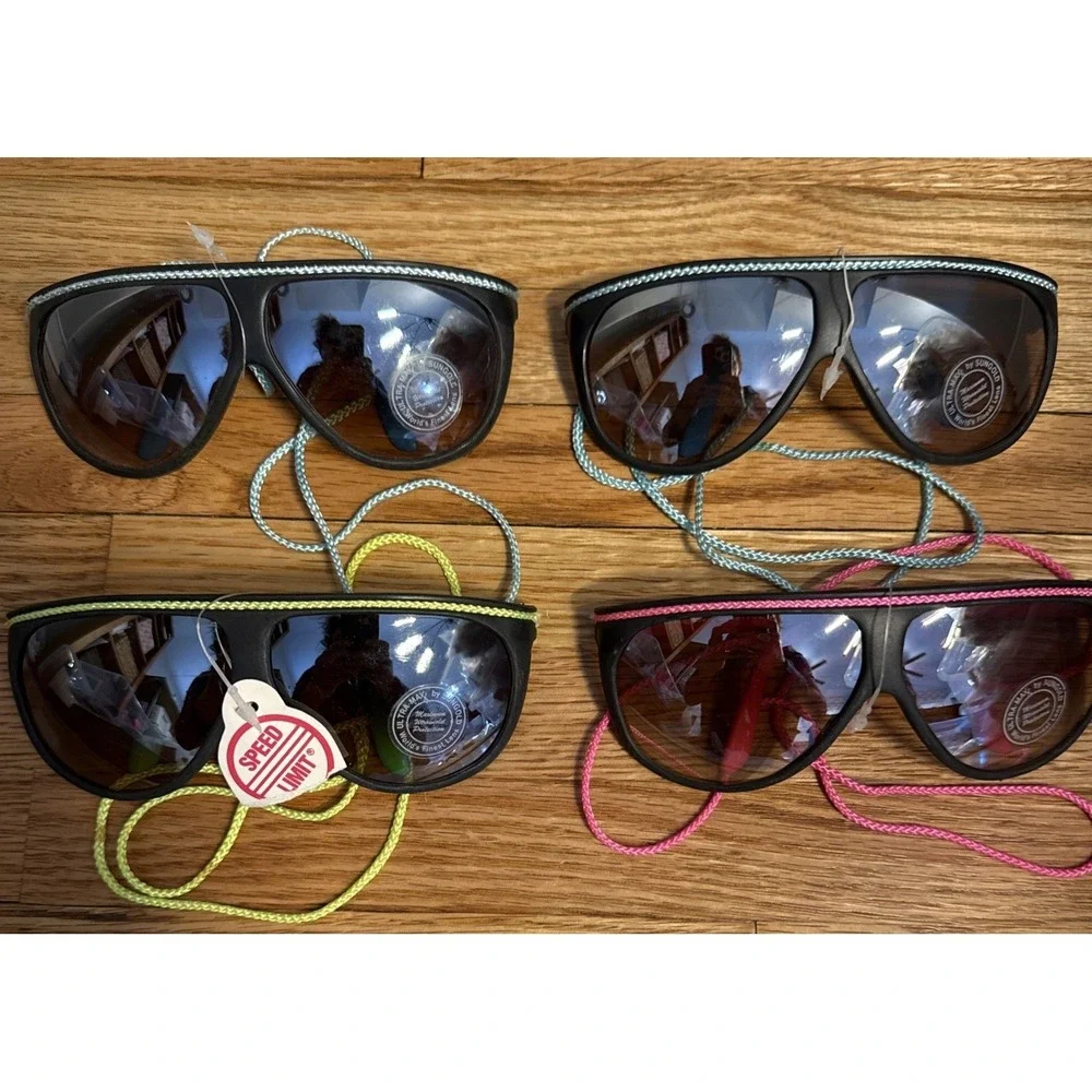 LOT 4 Vintage SPORTY SKI SKATER WRAP AROUND SUNGLASSES w/ Neck Cord 80's NWT